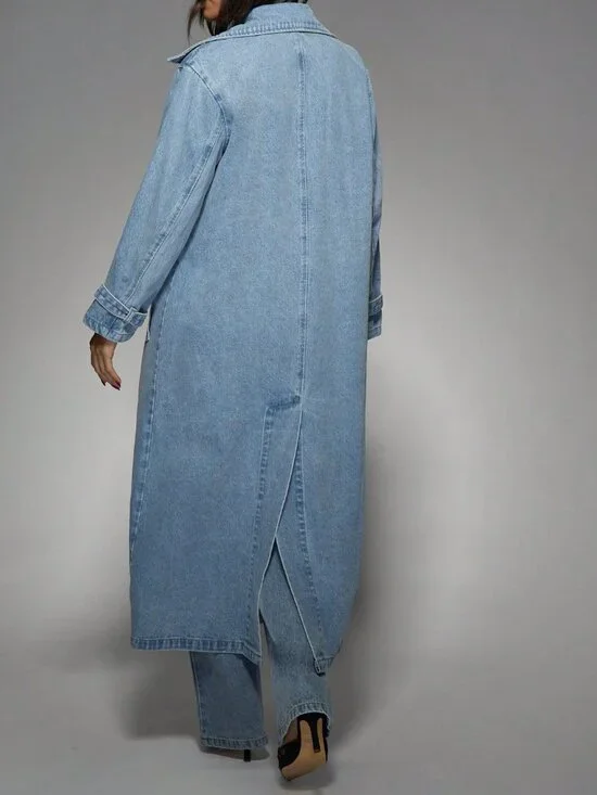 Light Wash Oversized Denim Women's Long Double Breasted Trench Coat - Picture 2 of 7